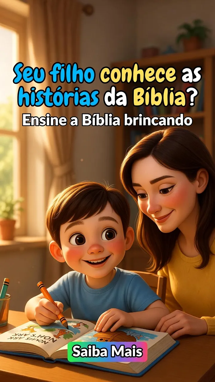Mãe e filho pintando atividades bíblicas juntos à mesa